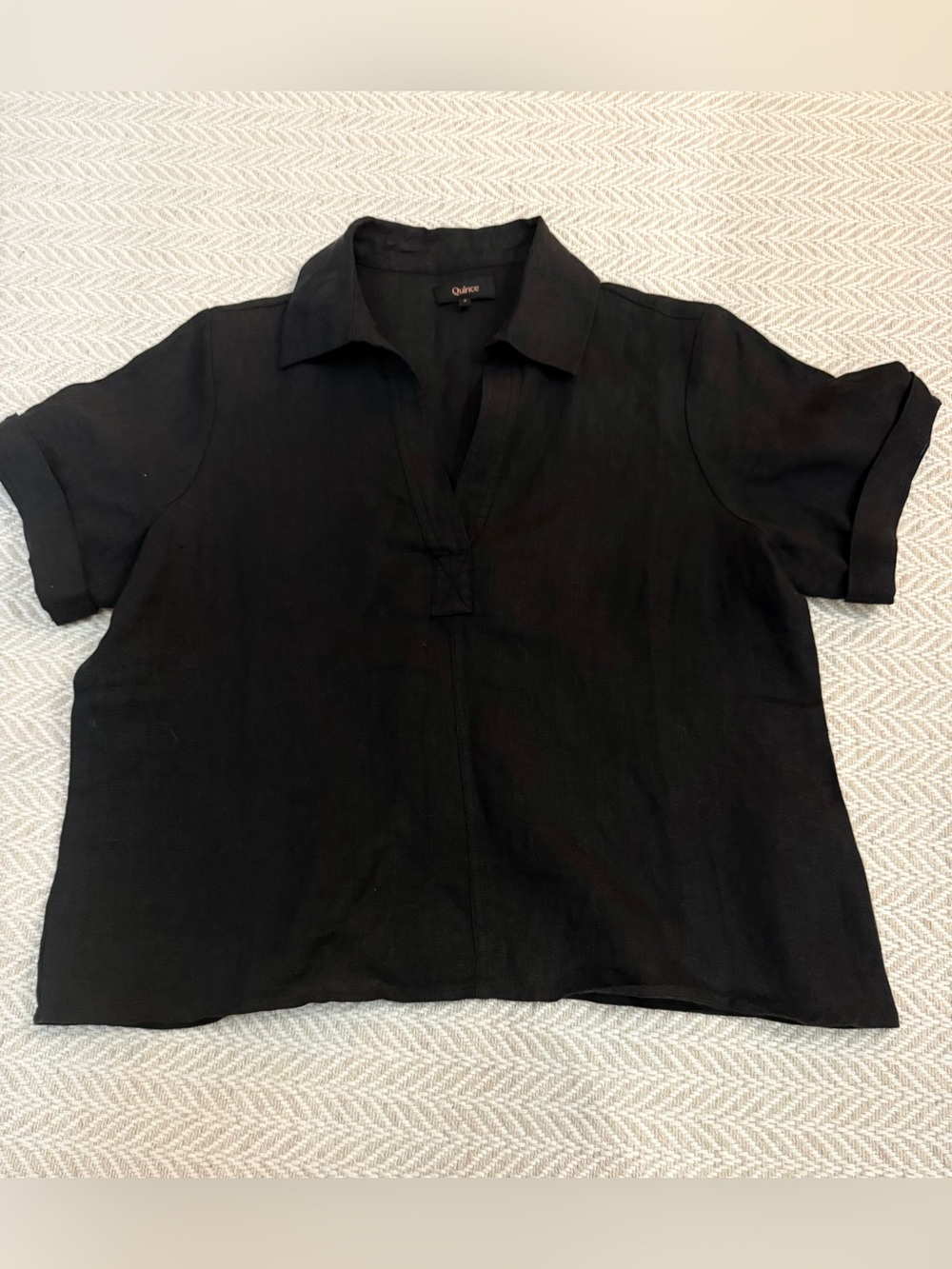 Quince 100% European Linen Short Sleeve Popover Top - Black size S